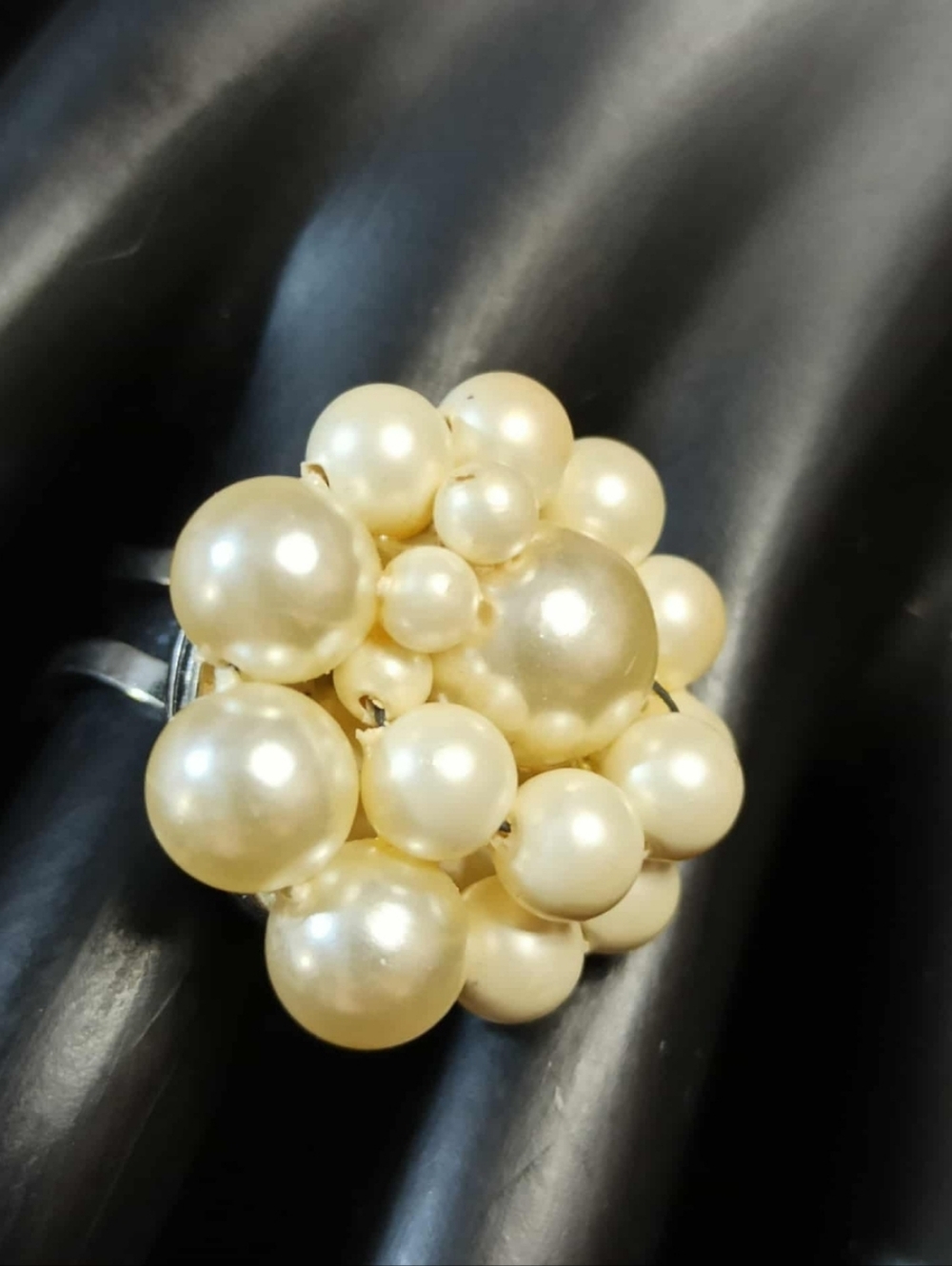 Vintage 80s Faux Pearl Cluster Ring Statement Cream Bead Adjustable Cocktail